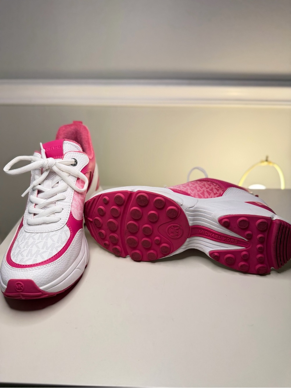 Michael Kors Kids White and Hot Pink Logo-Trim Sneakers